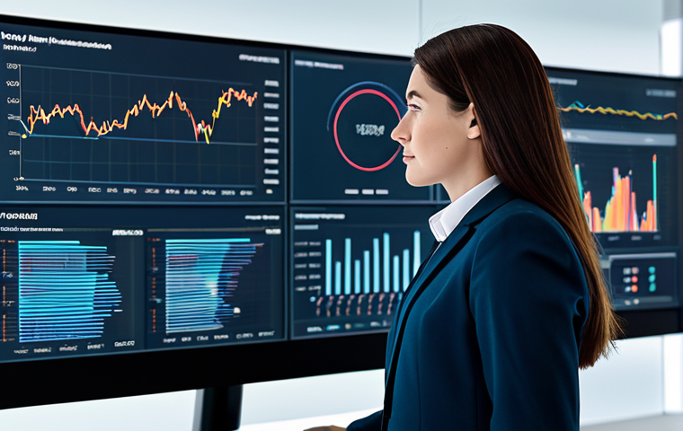 A professional female Purchasing Manager in a modest business suit, observing multiple holographic screens displaying complex data visualizations and predictive analytics dashboards, in a sleek, high-tech modern office environment. The scene emphasizes data-driven decision-making and AI integration in procurement. High-resolution, professional photography, crisp detail, sharp focus, perfect anatomy, correct proportions, natural pose, well-formed hands, proper finger count, natural body proportions, fully clothed, appropriate attire, modest clothing, safe for work, appropriate content, professional.