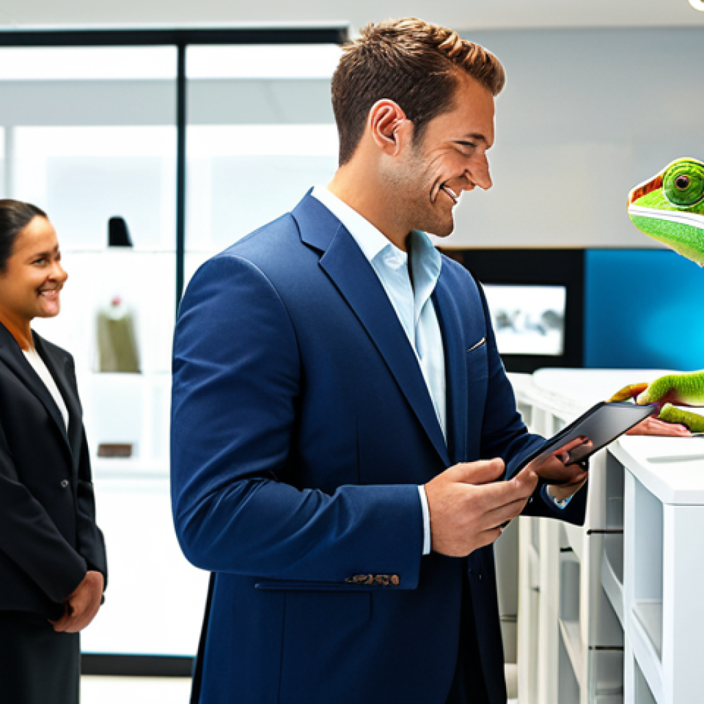 쇼핑매니저가 갖춰야 할 성향 - Customer Service Chameleon**

"A shop manager, fully clothed in professional attire, gracefully assi...