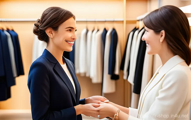 쇼핑매니저와 고객 불만 처리 - A warm and inviting Parisian fashion boutique, bustling with a pleasant atmosphere. A charismatic fe...