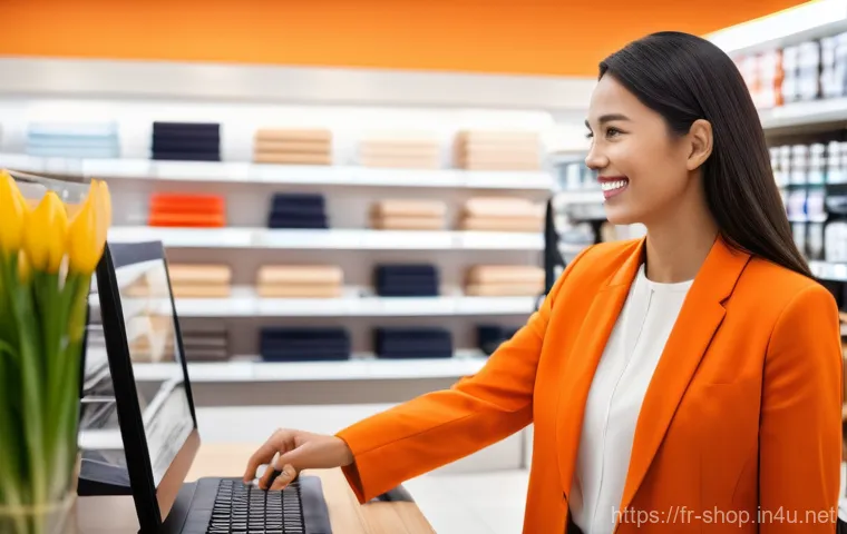 쇼핑매니저와 고객 불만 처리 - A dynamic and well-organized modern French department store, showcasing a vibrant but harmonious ene...