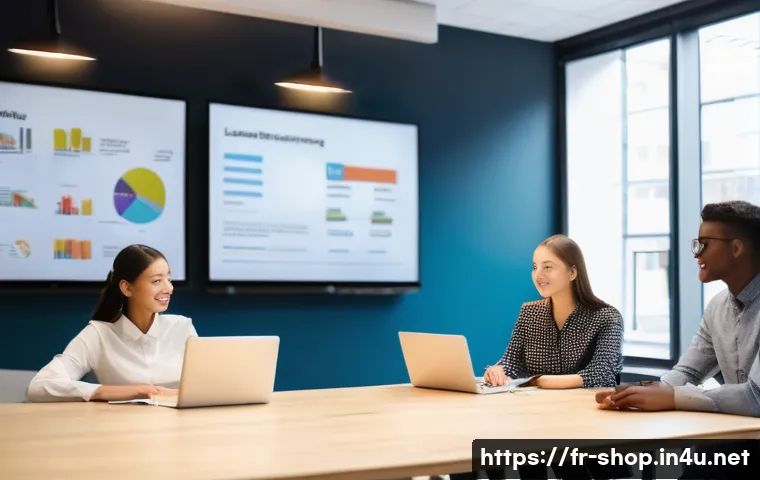 쇼핑매니저 학원 선택 팁 - A vibrant scene inside a modern retail management training classroom. A diverse group of young adult...