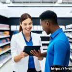 쇼핑매니저 시험 기출문제 분석 - **Prompt:** A dynamic scene inside a modern, well-lit electronics store. A diverse team of retail as...