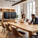 쇼핑매니저 승진 사례 - A modern retail boutique interior bustling with a diverse team of employees engaged in a casual week...