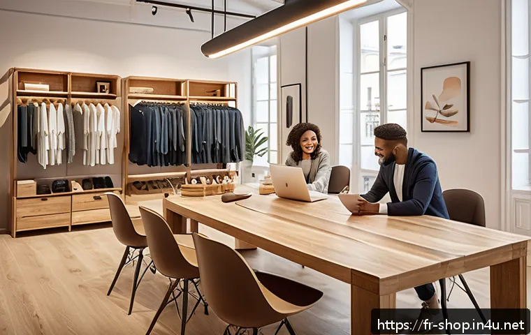 쇼핑매니저 승진 사례 - A modern retail boutique interior bustling with a diverse team of employees engaged in a casual week...